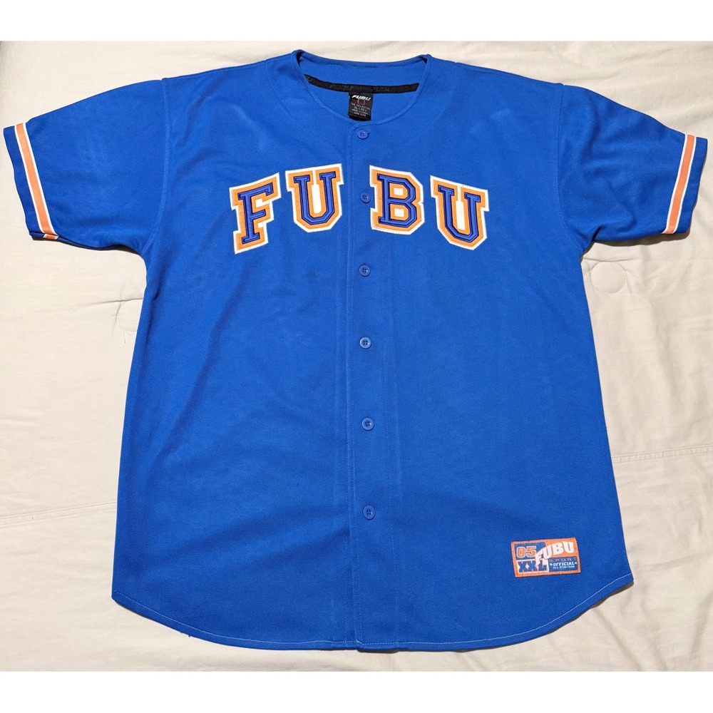 Vintage FUBU The Collection Baseball Jersey Youth XL 20 Blue Orange Twill Y2K